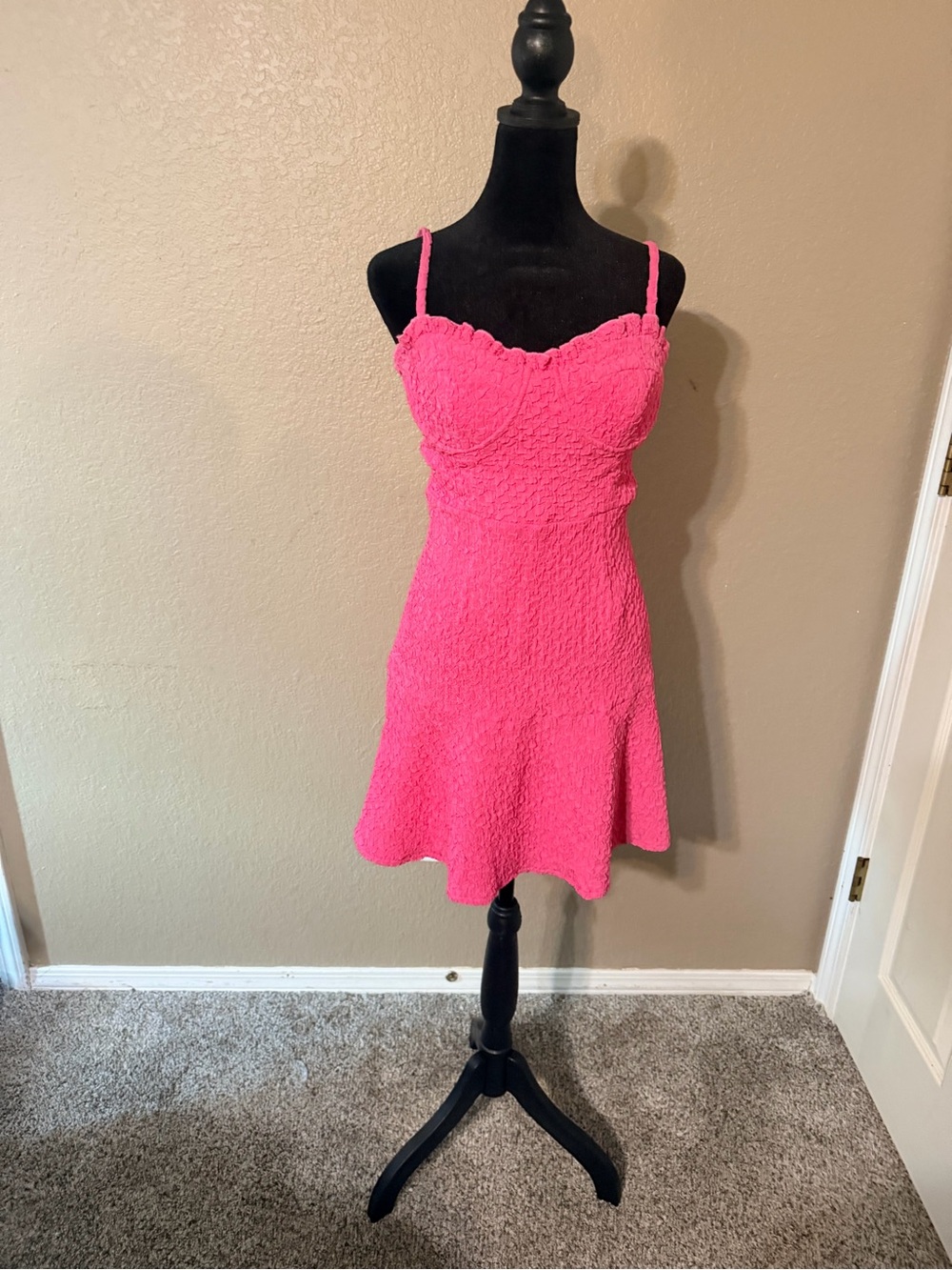 Lush Hot Pink Textured Spaghetti-Strap Mini Dress